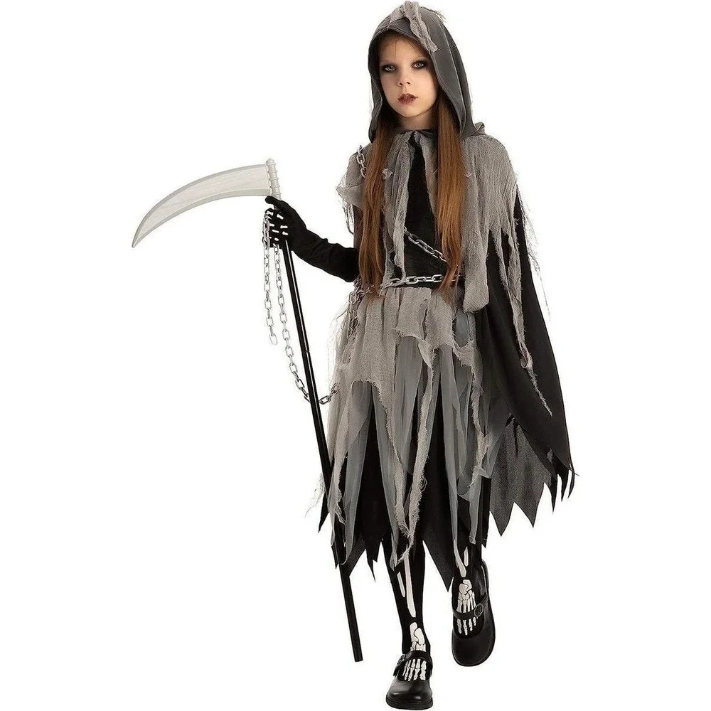 Youth Girls Grim Reaper Halloween Costume SZ 10-12 Scary Tights Gloves Chain B1